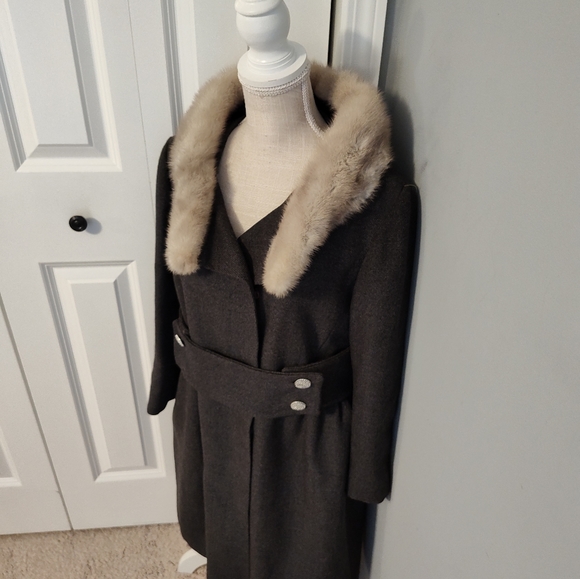 🌹Vintage 70's Unbranded Real Fur Herringbone Tweed Wool Button Front Overcoat M - Picture 13 of 16